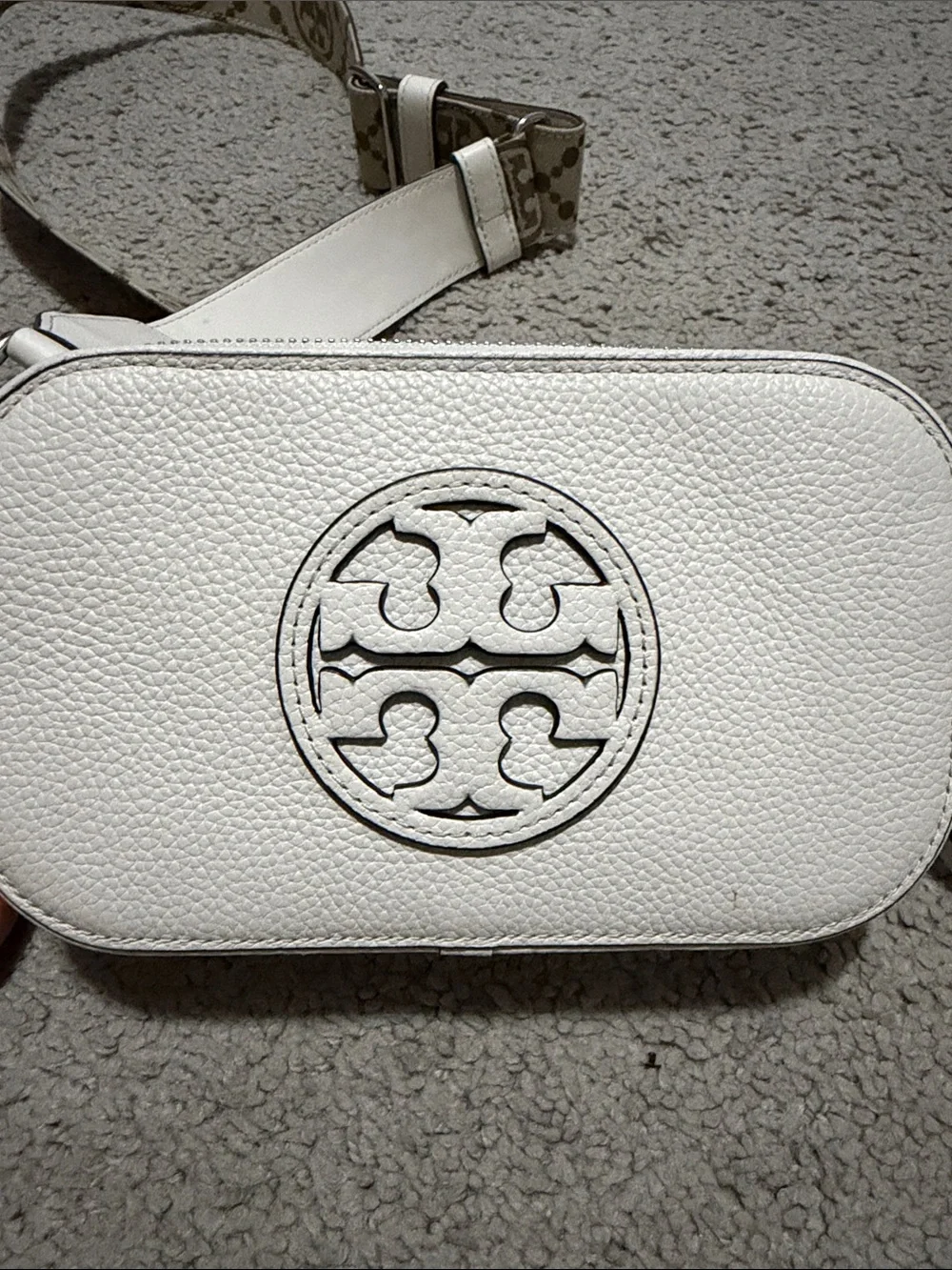 Tory Burch White Pebbled Leather Crossbody with Logo Web Strap